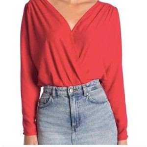 ASTR The Label Red Wrap Style Long Sleeve V-neck Bodysuit Size Medium flowy sexy
